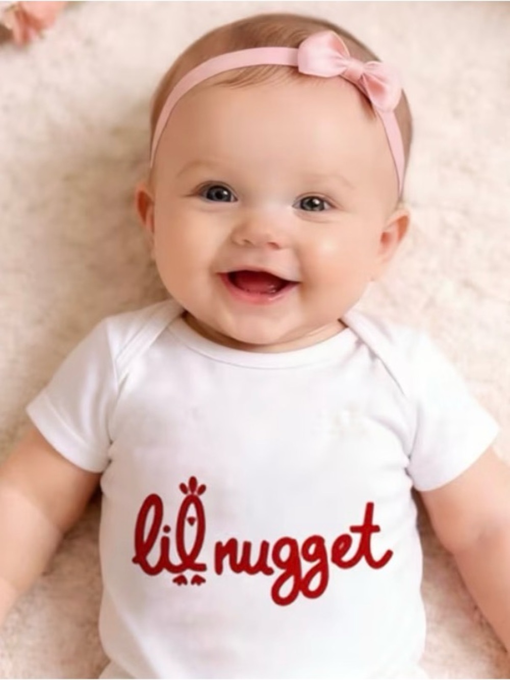 Chick-fil-A style ‘Lil Nugget’ White Baby One-Piece Romper with Red Script 3-6m